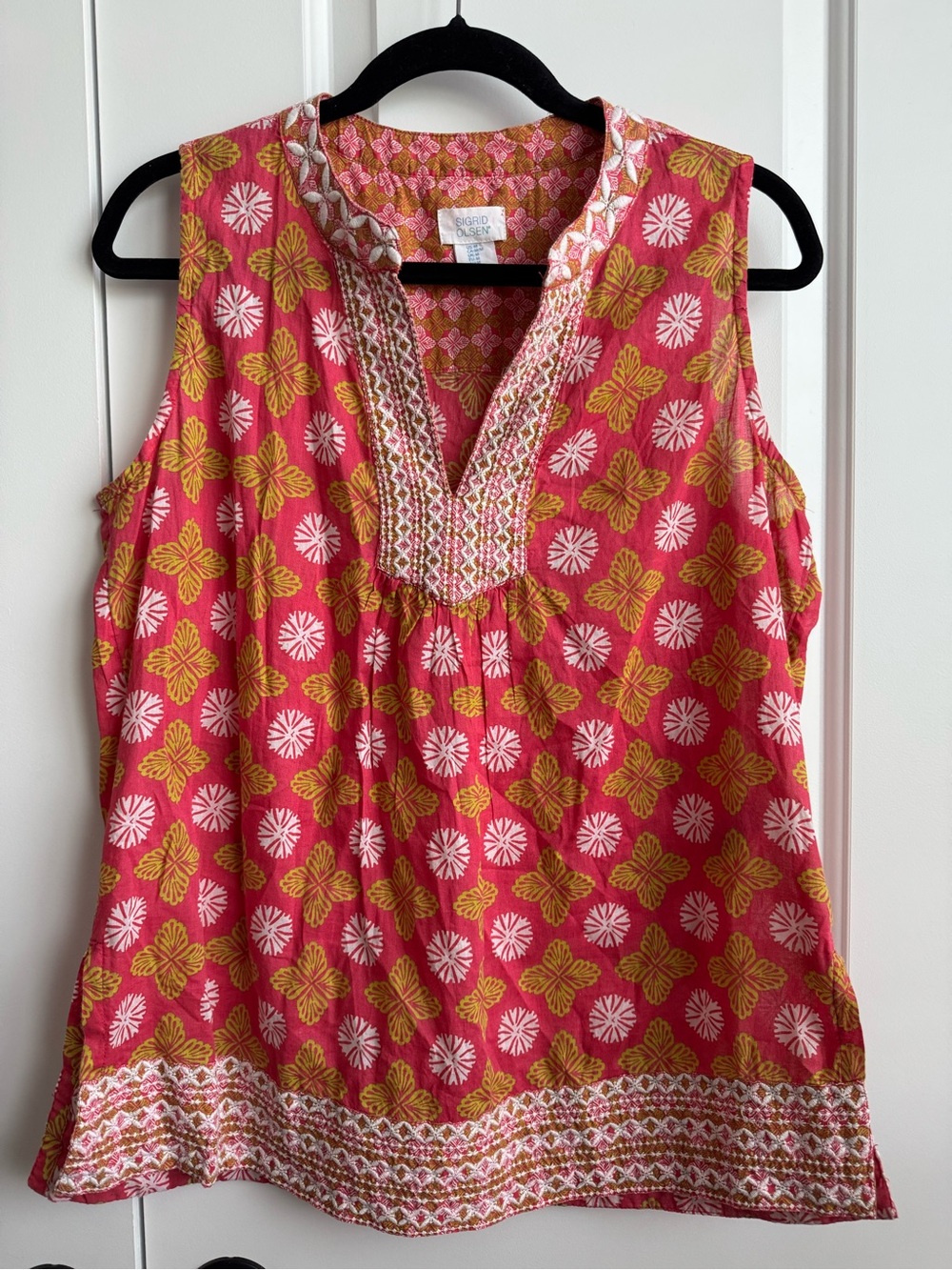 Sigrid Olsen Pink Floral Embroidered Split-Neck Cotton Tunic Tank Top M